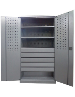 Metal cabinet for a workshop with four shelves