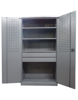 Metal cabinet for a workshop with four shelves