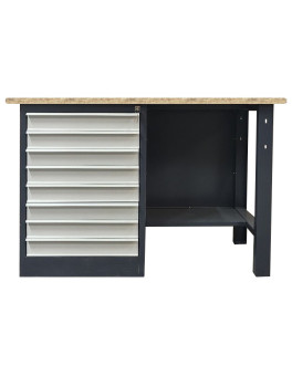 Metal table for the workshop with a shelf for tools